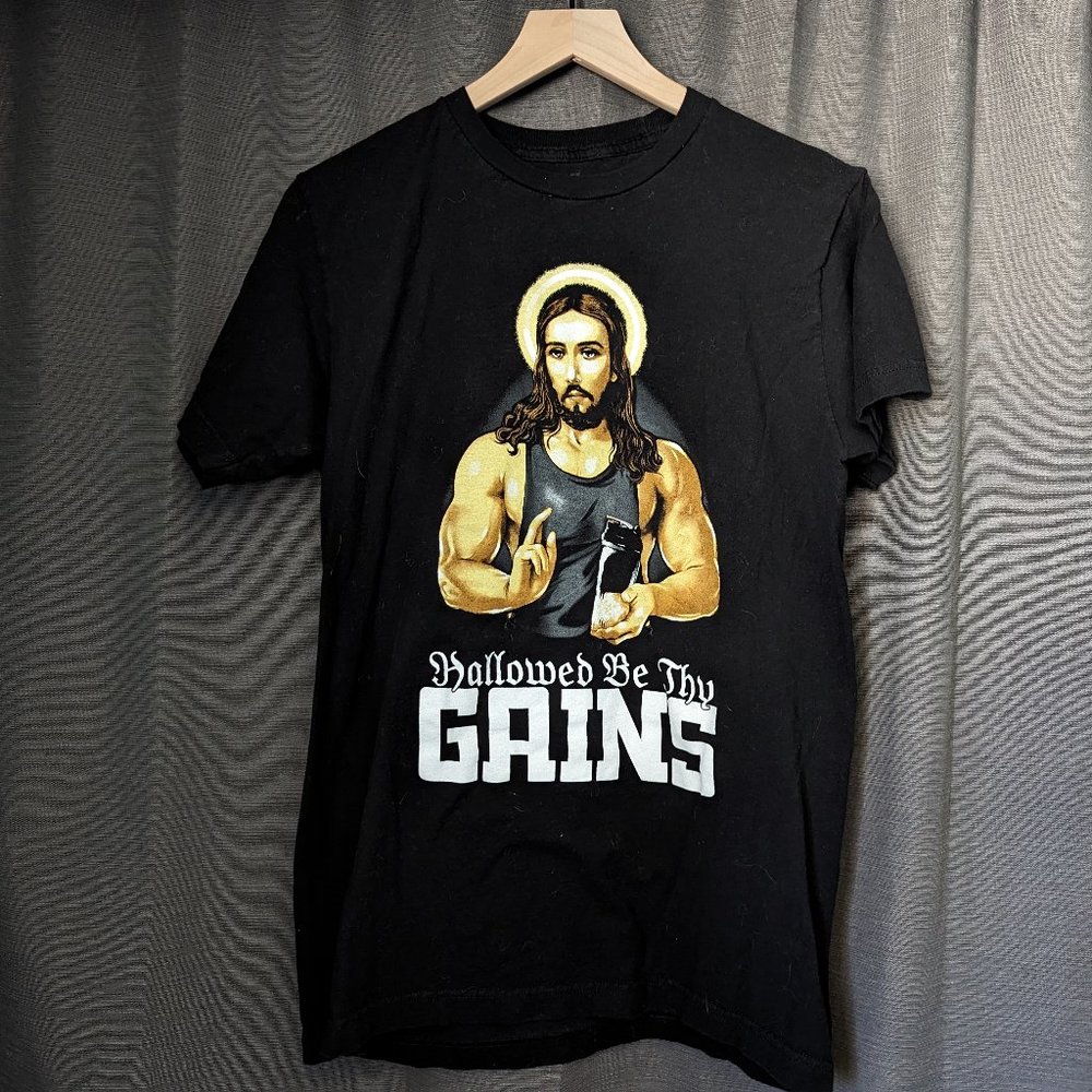 Men's Size M Black, 100% Cotton Jesus Christ "Hallowed Be Thy Gains" T-Shirt